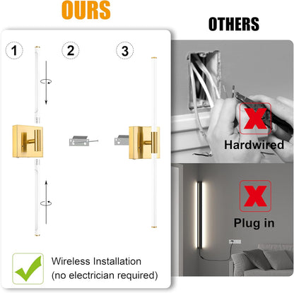 Morauroral Battery Operated Wall Sconces Set of 2, 10000mAh Rechargeable Sconces, 3000K-6000K Dimmable LED Wall Lamp with Remote, 24 Inch Black Gold Wireless Wall Lights for Bedroom, Living Room
