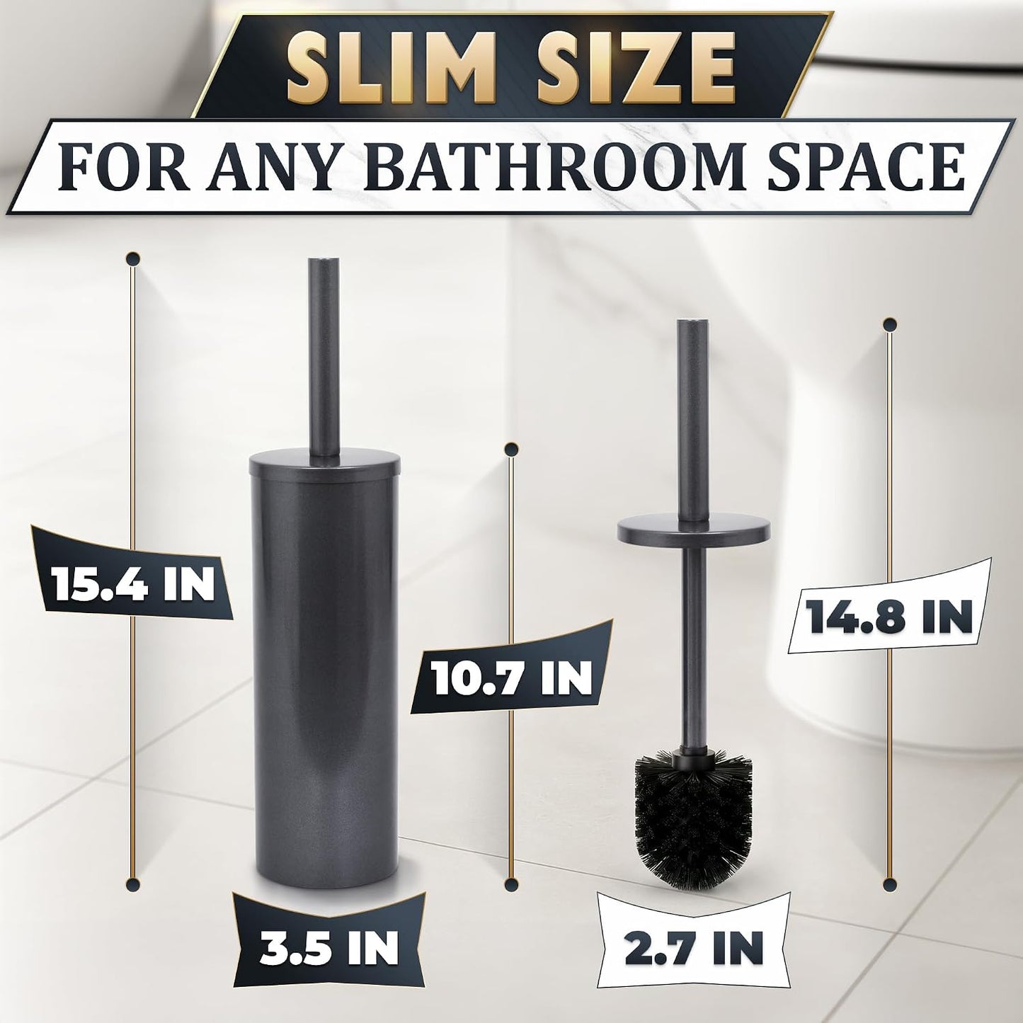 Black Toilet Brush and Holder Set - Slim Matte Design that Fits Anywhere - Stainless Steel Toilet Bowl Brush and Holder with 2 Rounded Corners, Replaceable Head, Removable Inner Bowl & Splash Guard