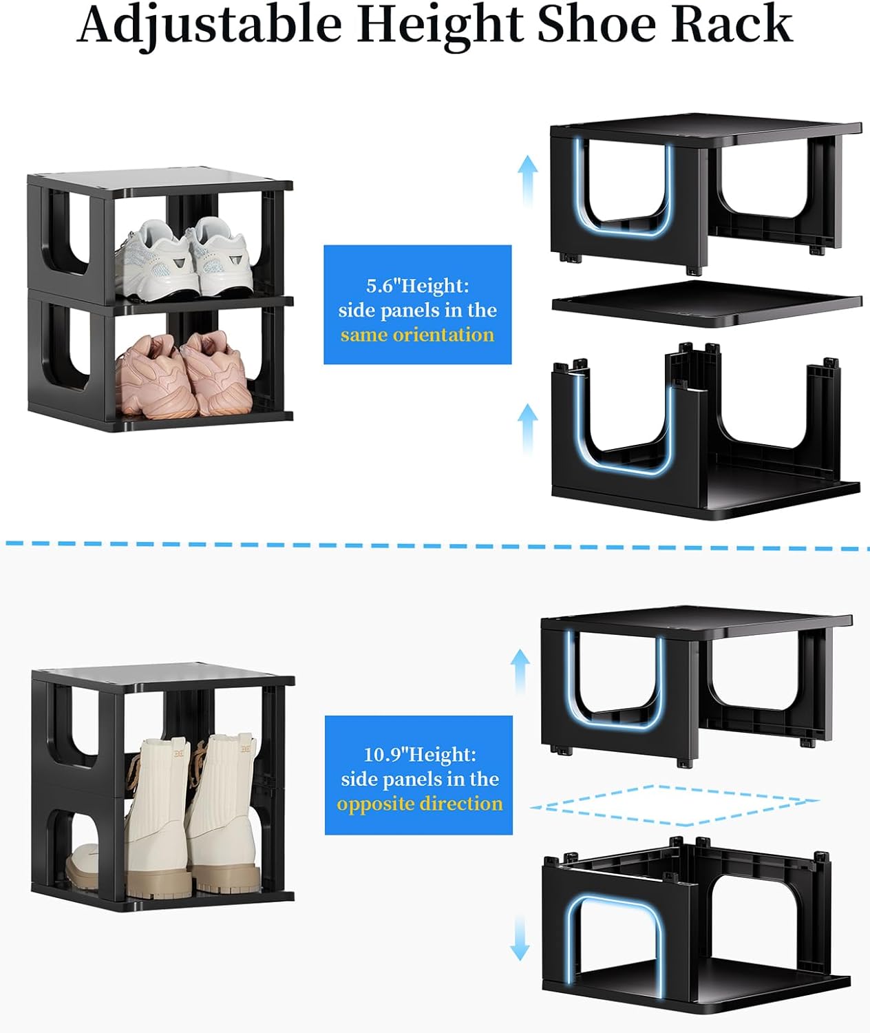 HAIXIN Shoe Organizer Rack for Small Spaces 5 Tier Plastic Vertical Narrow Shelves for Closet Black Shoe Holder, Stand for Entryway Storage Boots Organizer Stackable Cabinet