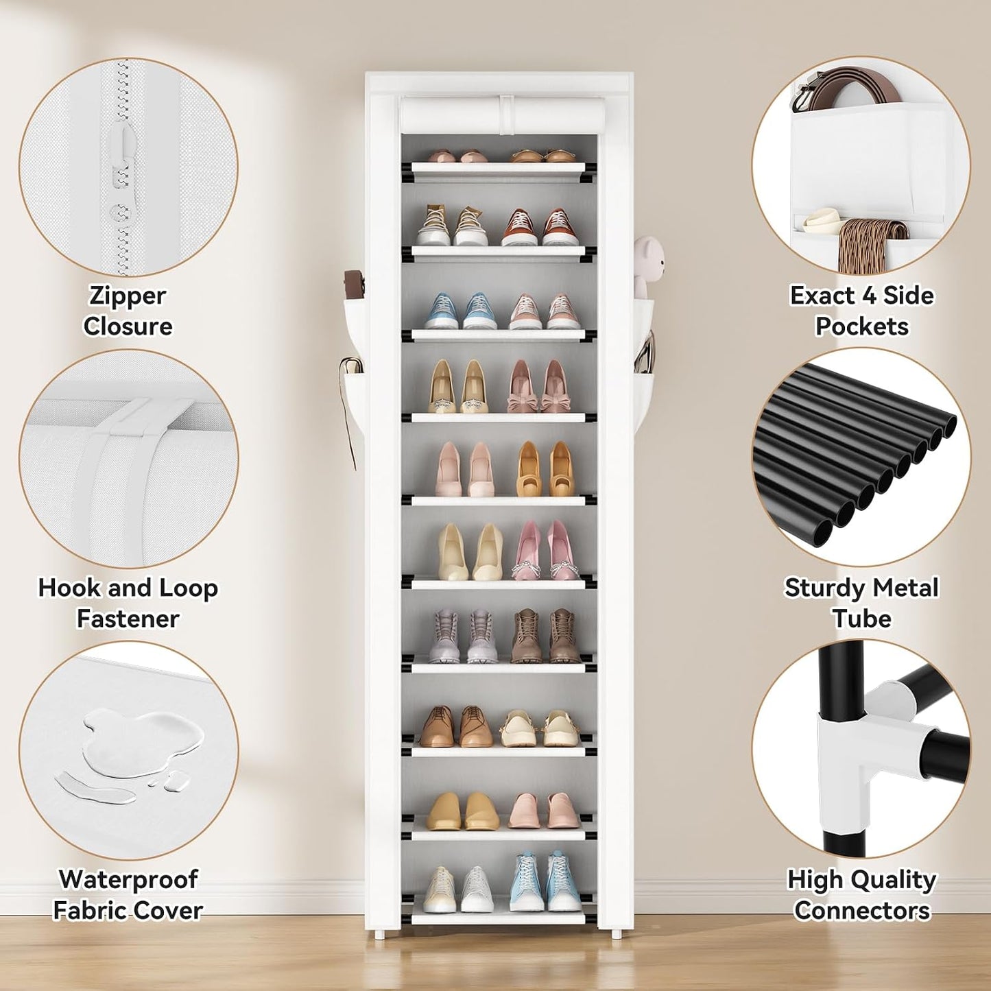 ROJASOP 10 Tier Shoe Rack with Covers,Large Capacity Stackable Tall Shoe Shelf Storage to 50-55 Pairs Shoes and Boots Sturdy Metal Free Standing Shoe Rack Organizer for Closet Entryway Garage