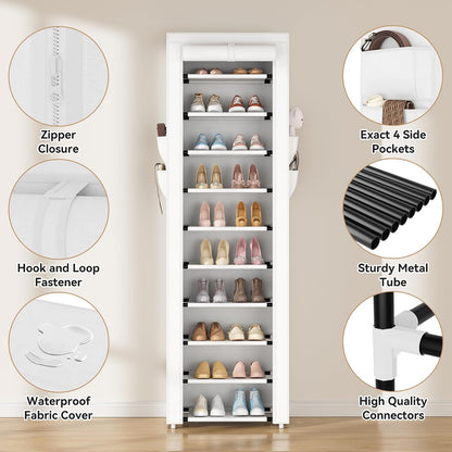 ROJASOP 10 Tier Shoe Rack with Covers,Large Capacity Stackable Tall Shoe Shelf Storage to 50-55 Pairs Shoes and Boots Sturdy Metal Free Standing Shoe Rack Organizer for Closet Entryway Garage