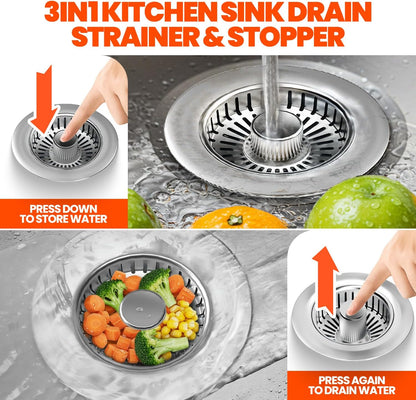 2 Pack Sink Drain Strainer - Sink Stopper, 3 in 1 Stainless Steel Kitchen Drain Plug with Deep Anti-Clog Basket and Odor-Blocking Seal, Pop-Up Design Fits Standard 3-1/2 Inch Sink