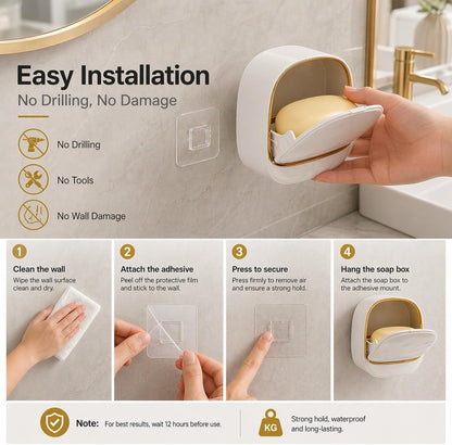 Wall Mounted Soap Holder with Drain Tray, 2 Pack Waterproof Soap Dish with Flip Lid, Self Draining Soap Bar Holder for Shower, Bathroom & Kitchen
