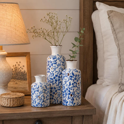 Ceramic Vase Set of 3 – Small Flower Vases, Modern Farmhouse Boho Flower Vases for Home Decor, Rustic Pottery Vases for Centerpieces, Living Room, Shelf, Fireplace, Entryway Decor, Table or Cabinet