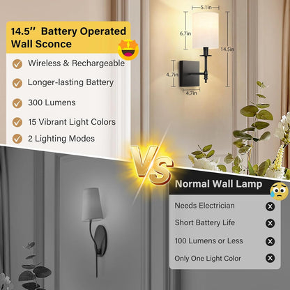 24.8 Inch Black Battery Operated Wall Sconces Set of 2, Rechargeable Wireless Wall Lights with Remote & White Fabric Shade, Indoor Not Hardwired Dimmable Wall Lamps for Bedroom, 2 Bulbs Included