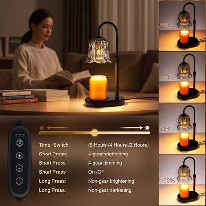 Candle Warmer Lamp Adjustable Timer - Electric Flower Glass Candles Warmers Adjustable Height Dimmable Vintage Base Modern Wax Candles Top Warmers for Small Jar Scented Wax Melts