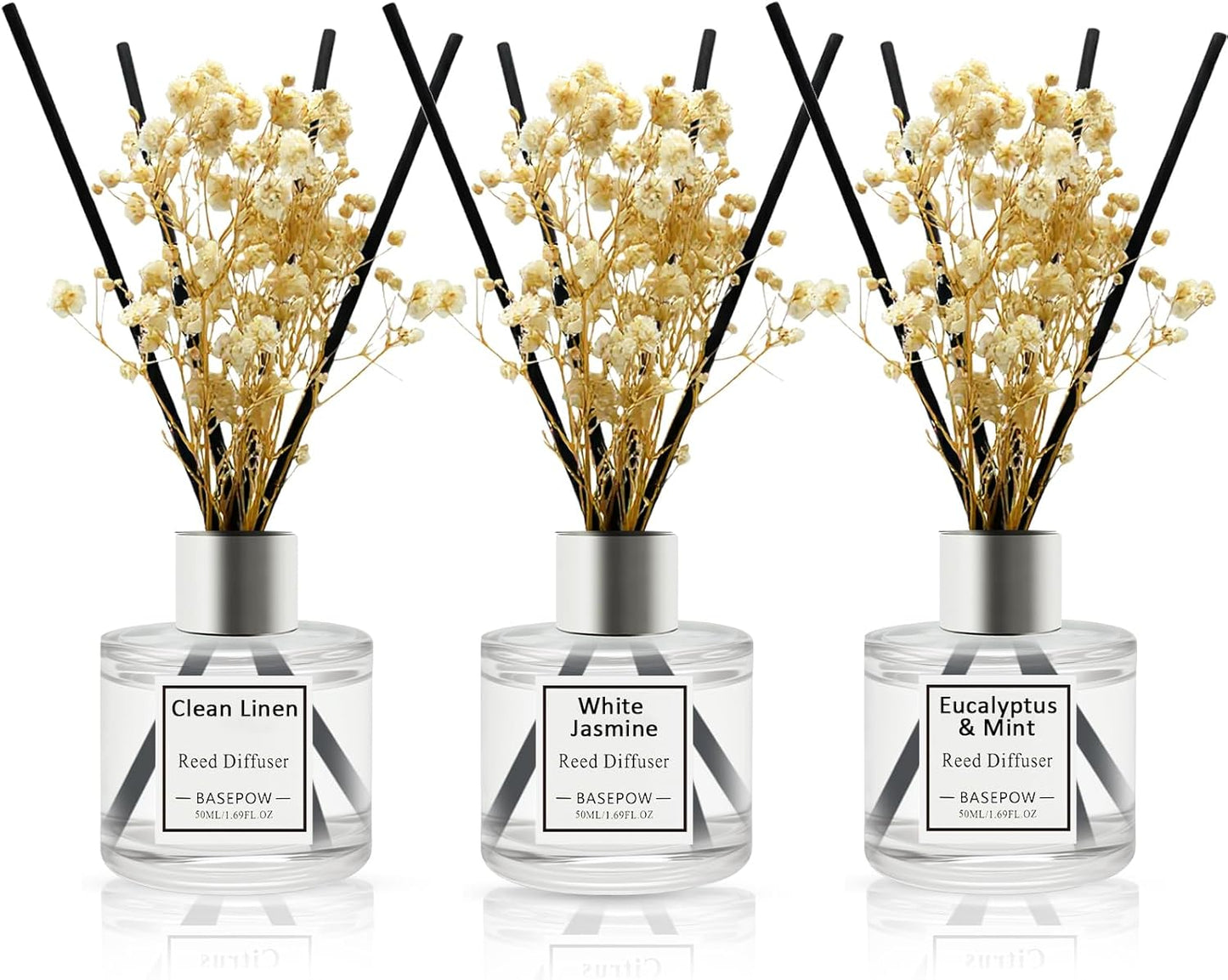 Reed Diffuser Set of 3 Pack,Clean Linen,Vanilla,Citrus Scented Oil Diffuser with 12 Sticks,Reed Diffuser for Home Living Room Office Bathroom Air Freshener,50ml x 3
