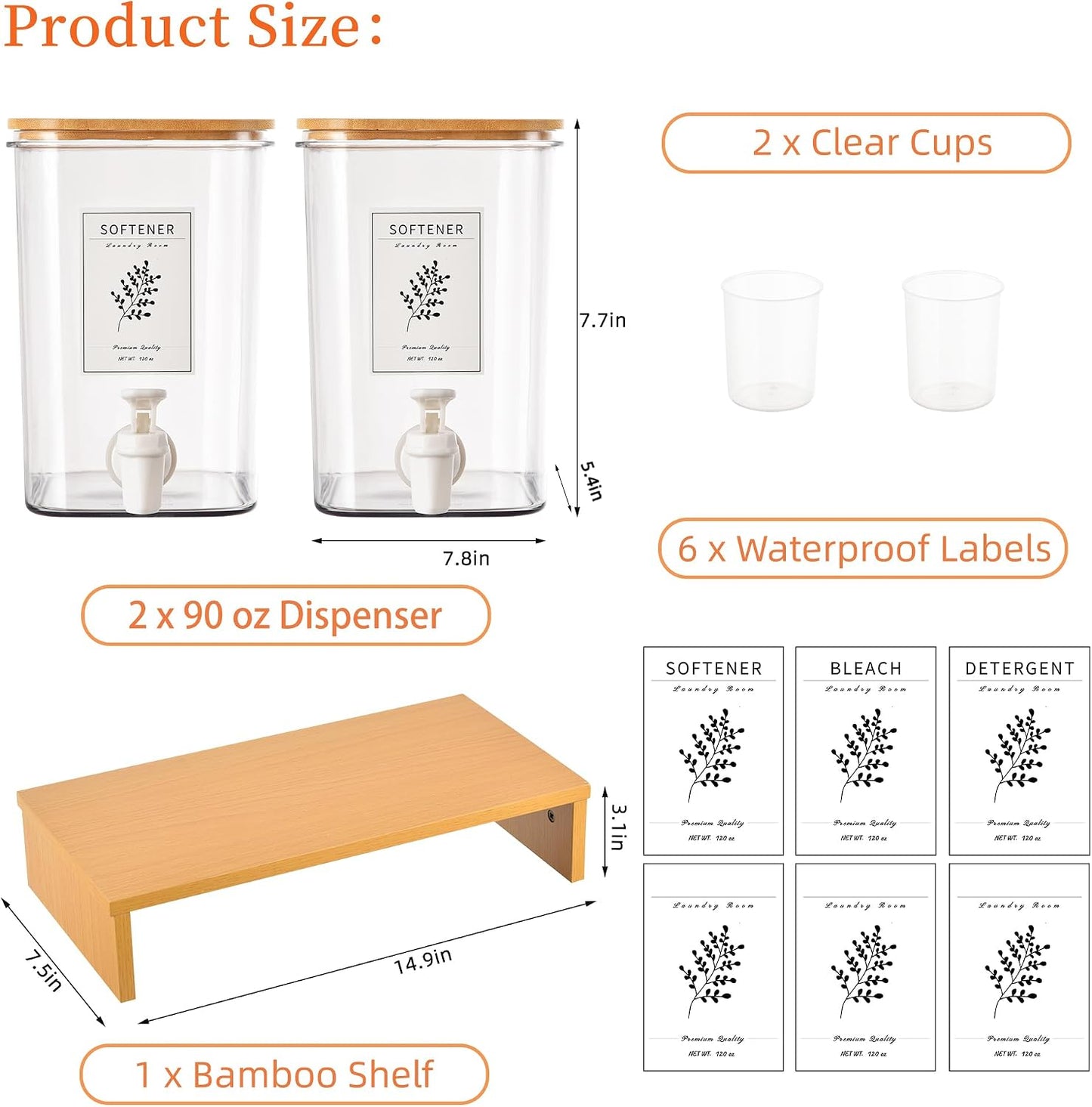 RoleDes Liquid Laundry Detergent Dispenser Set with Shelf and Bamboo Lids for Laundry Room Organization and Storage - 2 Pack 96 oz Laundry Containers for Laundry Soap, Fabric Softener