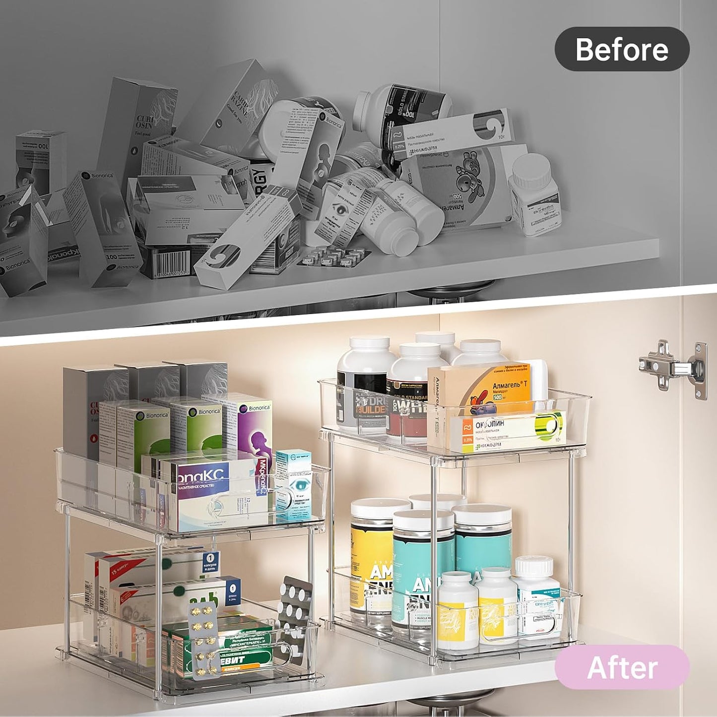 Delamu 2 Tier Under Sink Organizer Bathroom, Bathroom Cabinet Organizer with Snap-Lock Design and Hooks, Pull Out Storage with Movable Dividers, for Countertop, Kitchen and Pantry (Clear, 2 Pack)