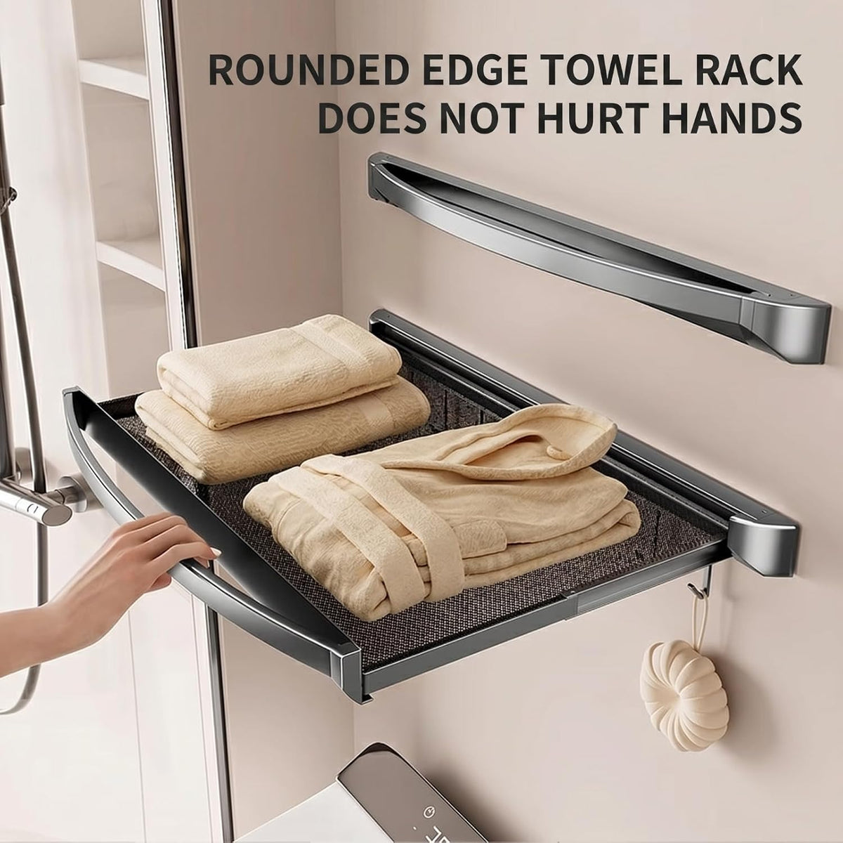 Wall Mount Drying Rack Bathroom Shelf, Retractable Space Saving Organizer with 6 Hooks for Towel Storage, Foldable Laundry Hanging Rack for Kitchen Balcony Bathroom