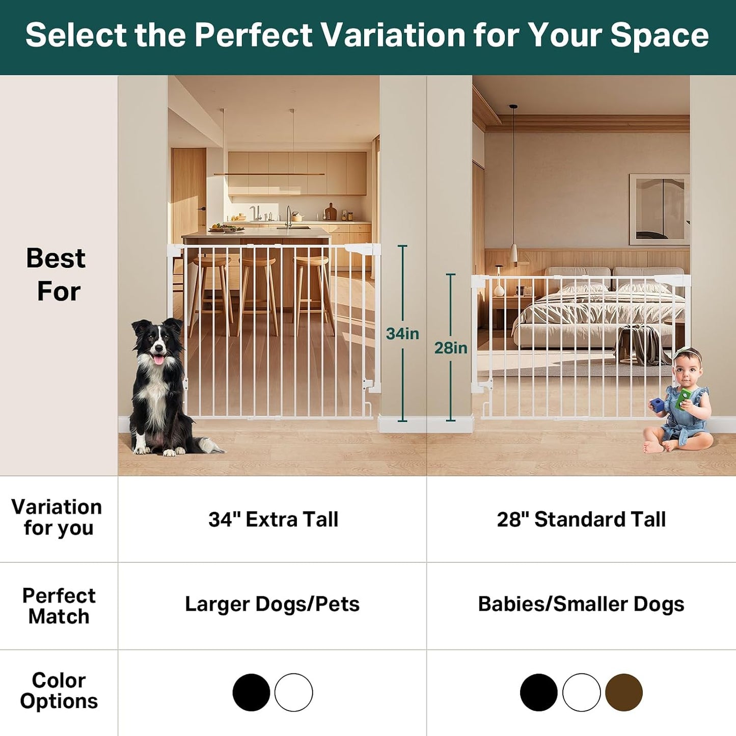 Cumbor 29.2–43" Baby Gate for Stairs, Hardware Mounted (Drill Required), Expandable No Bottom Bar Dog Gate, Auto Close Extra Wide Walk Thru, Pet & Toddler Proof Gate, Top & Bottom of Stairways (White)