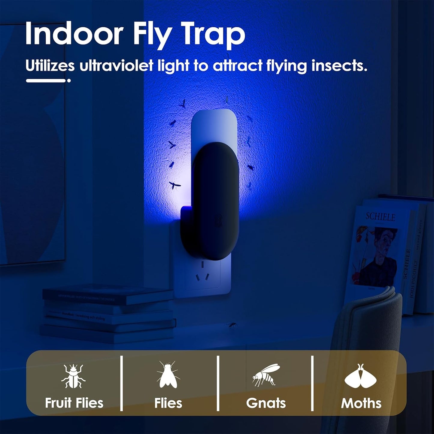 TIENBE Flying Insect Trap, 2 in 1 Indoor Plug-in Fruit Fly Trap, 1 Trap White and 6 Glue Cards, Fruit Fly Traps for Gnat, Moth, Mosquito, Suitable for Every Part of The Home