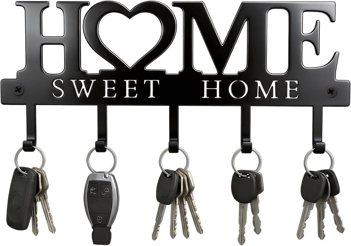 Key Holder for Wall with 5 Hooks, Wall Mounted Metal Key Rack Organizer, Home Sweet Home Heart Decor Key Hooks for Entryway, Mudroom, Kitchen, Dog Leashes, Coats, Housewarming Gift, Black