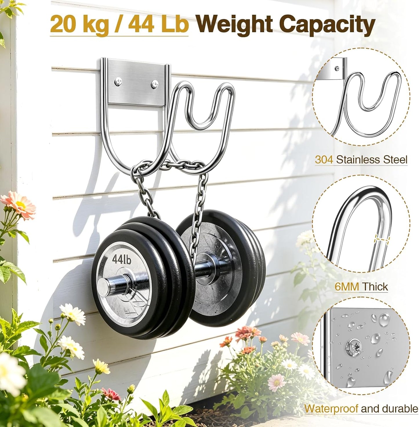 Garden Hose Holder Wall Mount, SS304 Stainless Steel Water Hose Hanger Heavy Duty with Nozzle Groove, 44LB Capacity Outdoor Hose Rack for Extension Cords Vacuum Hose, Silver, 1 Pack