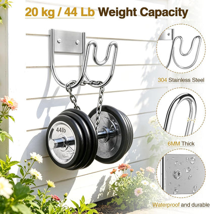 Garden Hose Holder Wall Mount, SS304 Stainless Steel Water Hose Hanger Heavy Duty with Nozzle Groove, 44LB Capacity Outdoor Hose Rack for Extension Cords Vacuum Hose, Silver, 1 Pack