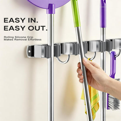 Broom Mop Holder Wall Mount, Heavy Duty Stainless Steel Mop Organizer with 5 Clamps and 4 Hooks, Wall Mounted Cleaning Tool Storage Rack for Home, Garage, Laundry Room and Garden