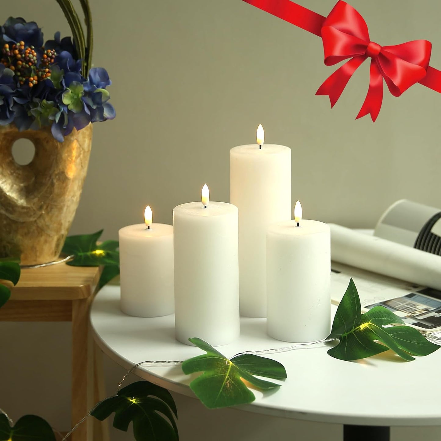 LUSHARBOR Flameless Candles, 4 Pack Battery Operated Candles with Remote, Real Wax LED Fake Candles with Timer Flickering for Christmas Wedding Home Party D3 H 5" 6" 7" 9" White
