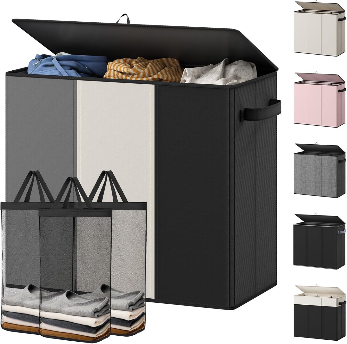 Optish 180L Laundry Hamper 3 Section, Large Laundry Hamper with Lid, Dirty Clothes Hampers with 3 Inner Bags, Laundry Basket Organizer for Laundry, Bedroom, Bathroom, Hamper 3 Compartment, Black