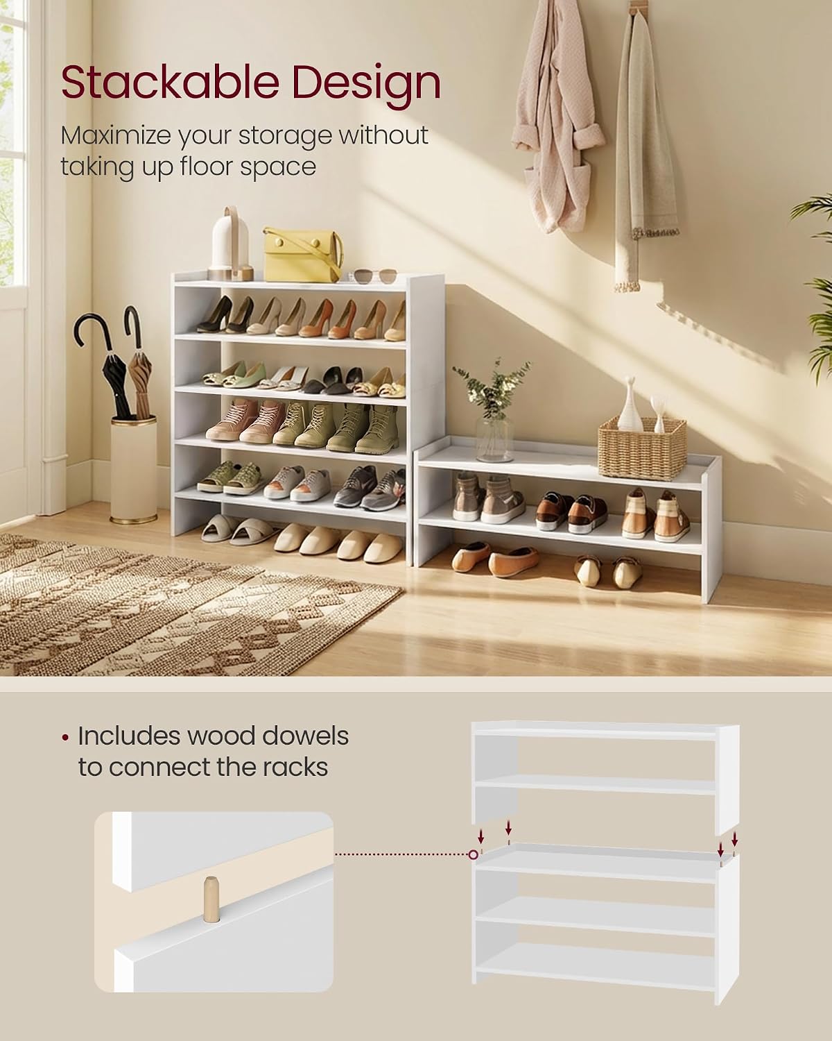 VASAGLE CUSTOS Collection - Shoe Rack for Closet, Stackable Shoe Organizer Shelf for Entryway, 2 Tiers, 11.7 x 24.4 x 14.2 Inches, White ULBS062WZ01S