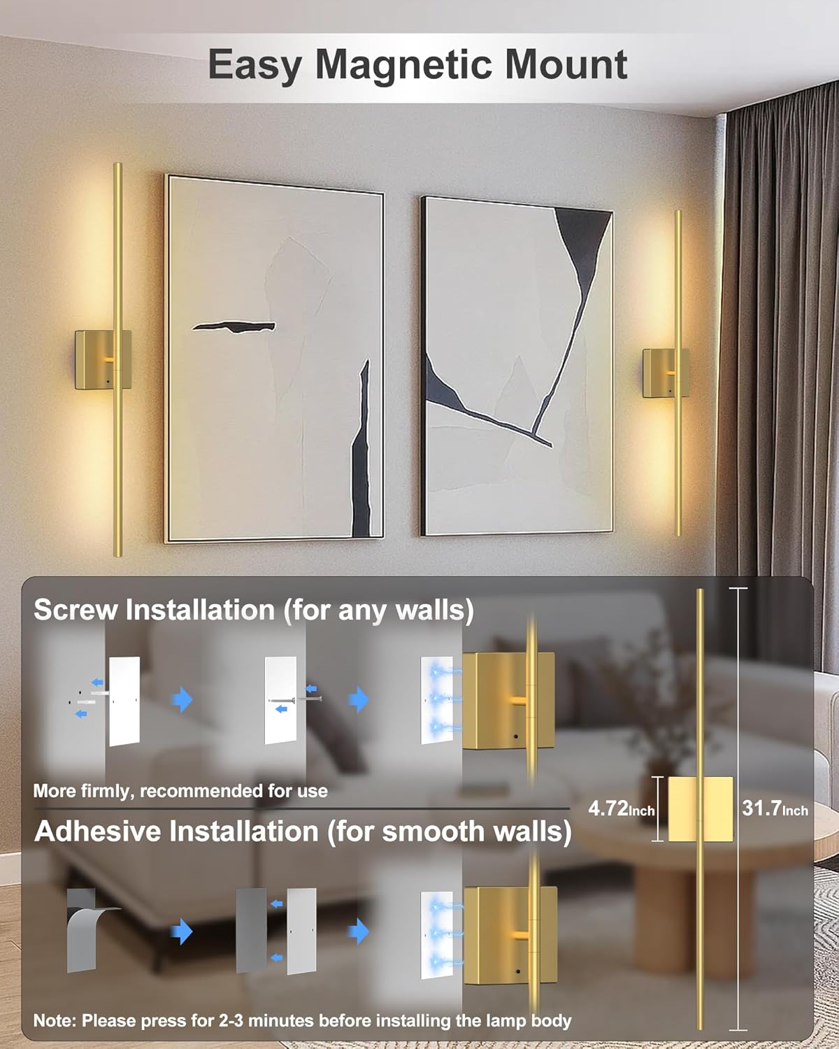 iThird Battery Operated Wall Sconce Set of 2: Rechargeable Wall Lights Wireless Sconces with Touch and Remote, 360° Rotate Magnetic Wall Scone Lighting Decor for Bedroom Living Room Hallway, 31.7Inch