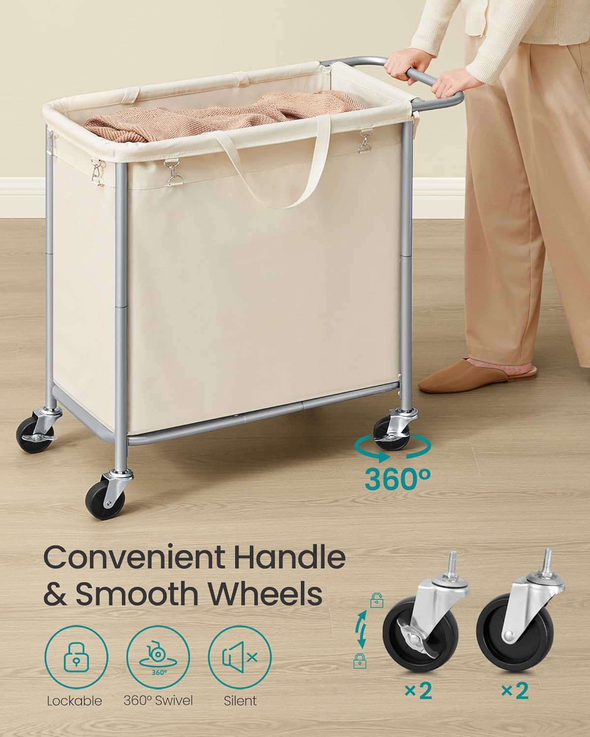 SONGMICS Laundry Basket with Wheels, 3-Section Rolling Laundry Hamper, 52.8 Gallons (200 L), Removable Liner, Steel Frame with Handle, 35.8 x 15.4 x 31.9 Inches, Cream White URLS005W01