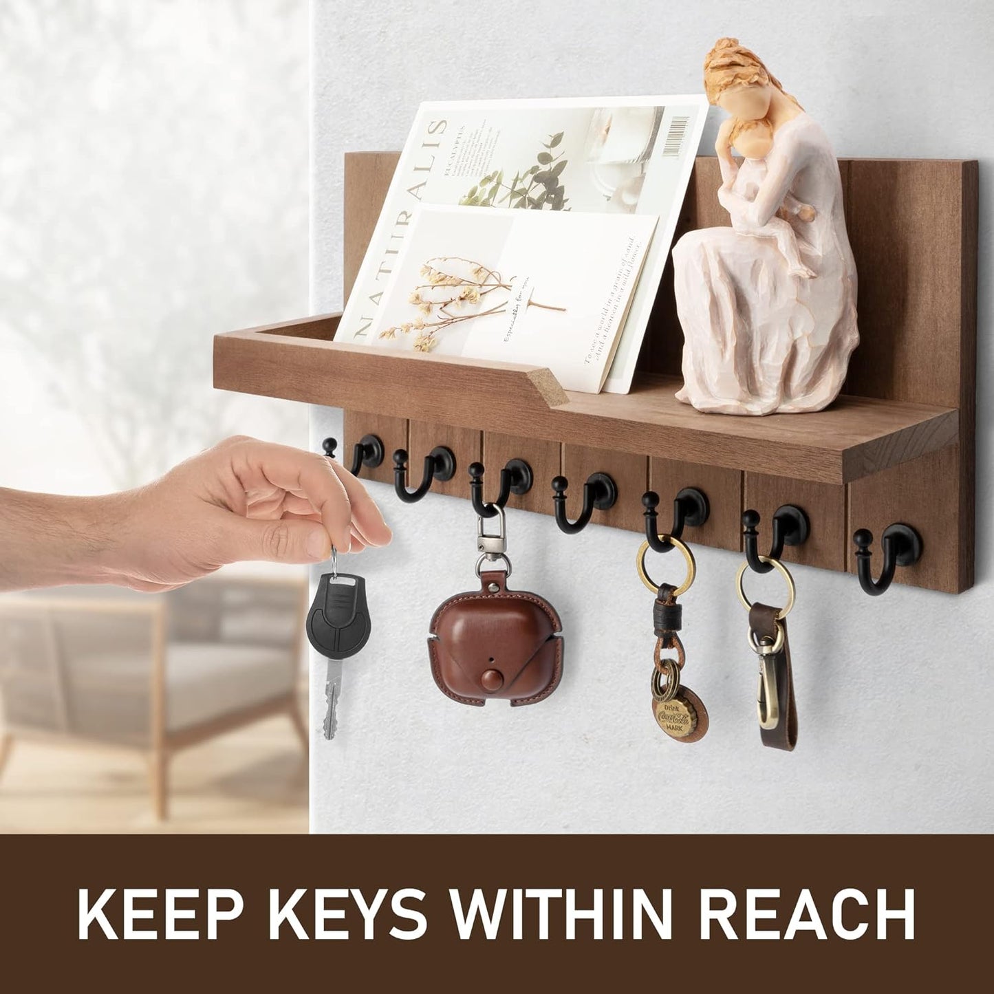 Rebee Vision Decorative Key Holder Wall Mount - Rustic Key Holder for Wall with Shelf and Mail Organizer for Living Room Decor - Home Essentials for Home Improvement (Brown, 3.54" x 10" x 7.28")
