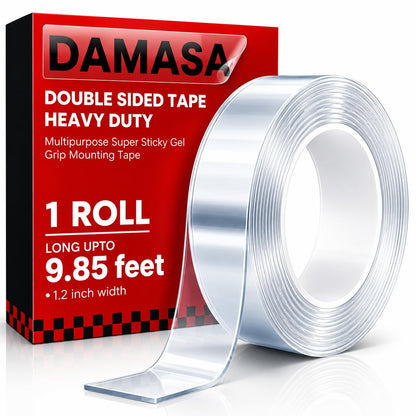 DAMASA Double Sided Tape Heavy Duty – 1.18" x 9.85 Ft Nano Gel Mounting Tape, Removable & Reusable, No Residue, for Walls, Glass, Tile, Picture Frames, Carpet & LED Strips (Crystal Clear)