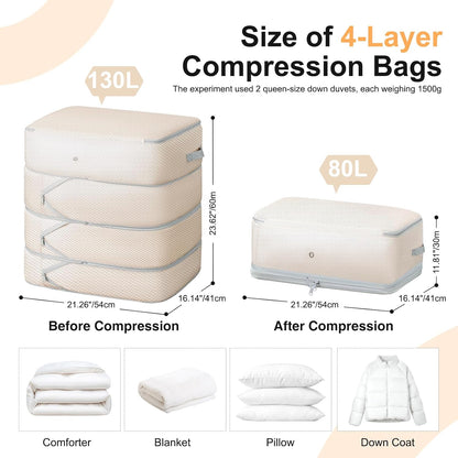 Comforter Storage Bag - Large Capacity Blanket Storage Bags 3-Layer Ultra Space Saving Self Compression Organizer, Washable Compression Bags for Storage Comforter Blanket, 2-Pack, Beige