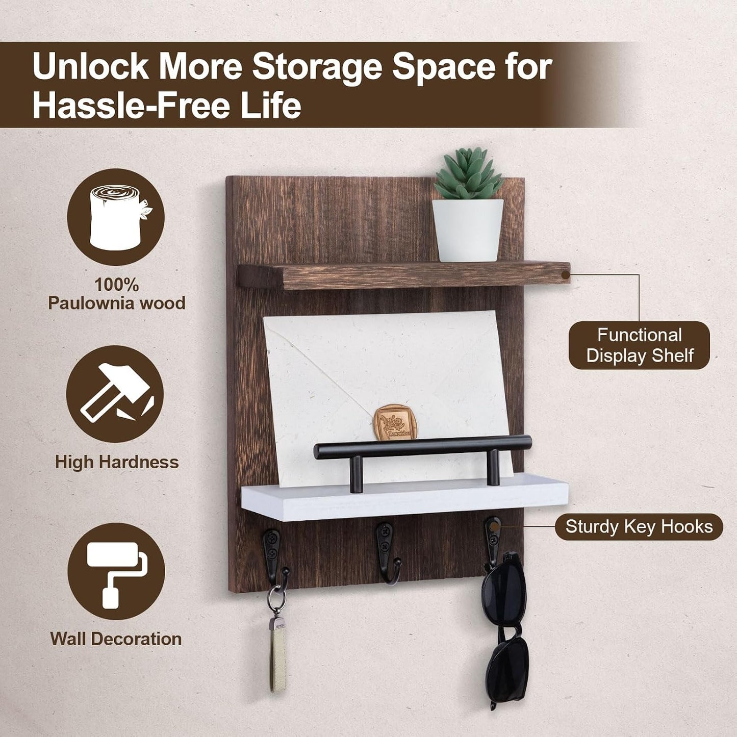 Key Holder Wall Mount, Mail Shelf Decor with 3 Key Hooks, Versatile Wood Wall Organizer for Entryway Hallway (8.2” x 10.6”x 3.6”) (White)
