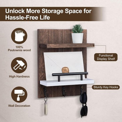 Key Holder Wall Mount, Mail Shelf Decor with 3 Key Hooks, Versatile Wood Wall Organizer for Entryway Hallway (8.2” x 10.6”x 3.6”) (White)
