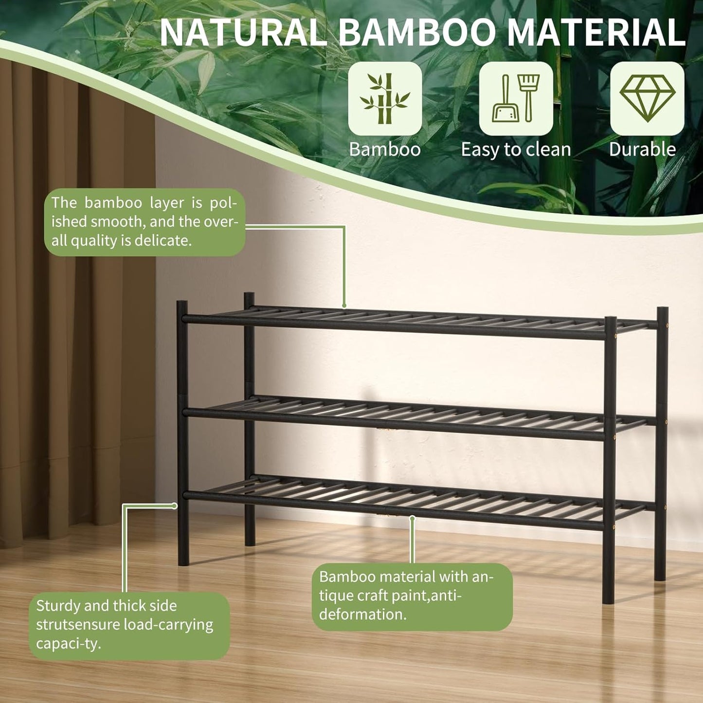 ROMGUAR CRAFT 3 Tier Bamboo Shoe Rack for Closet Free Standing Wood Shoe Shelf Storage Organizer for Entryway Small Space Stackable 27"x11"x20" (Natural)