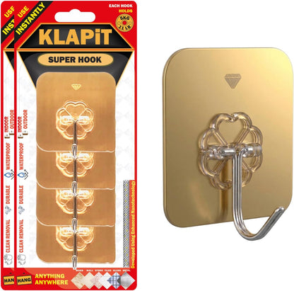KLAPiT Super Hook - Heavy-Duty Adhesive Clear Wall Hooks Made of Stainless Steel, Holds up to 11 lbs, Waterproof, No Damage, Easy Install on Tile, Wood, Stone, Glass & Metal (Clear, 8pc)