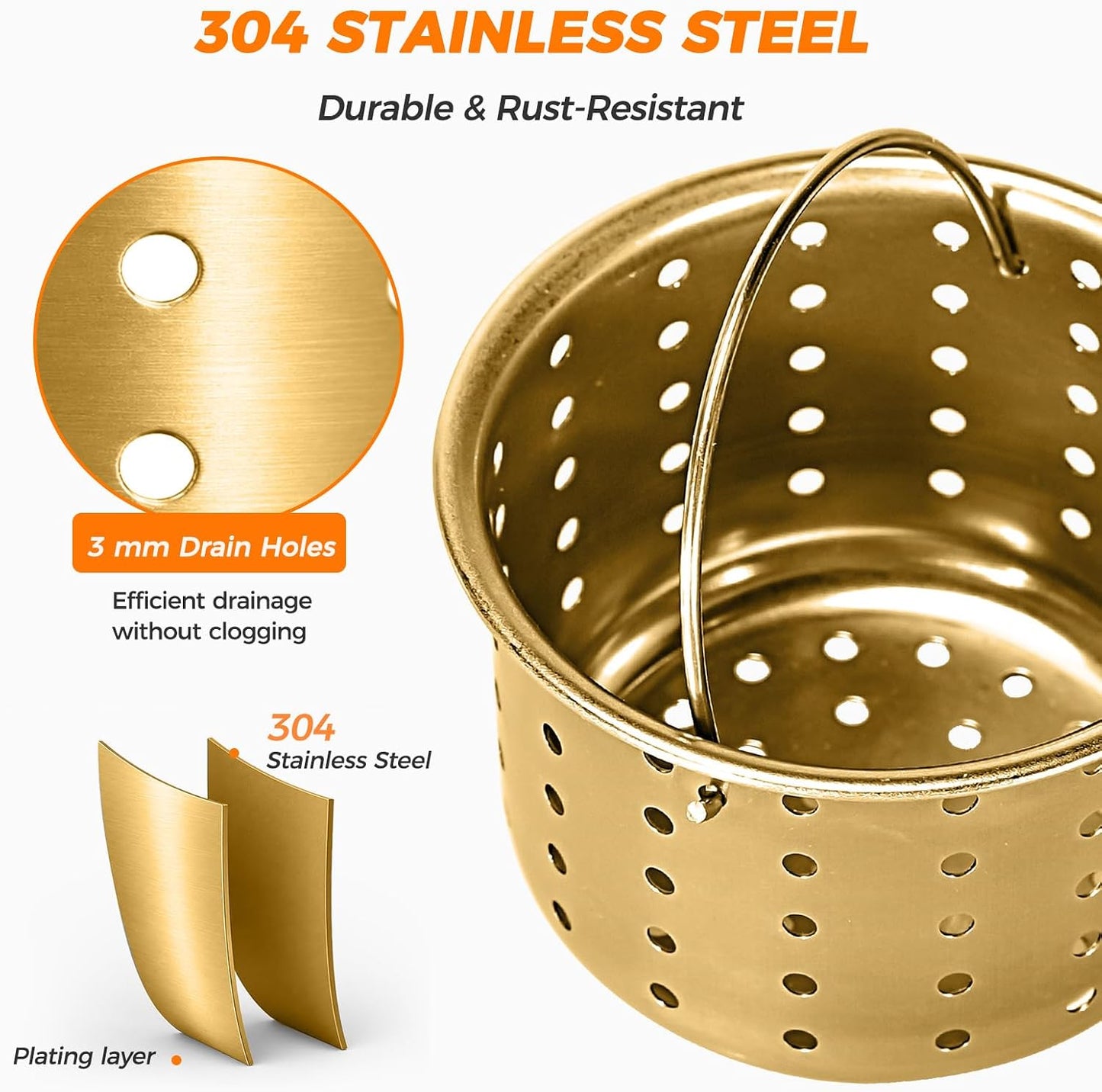 Deep Sink Strainer Basket – Fits Standard 3-1/2" Kitchen Drains – Stainless Steel Removable Strainer with 30 Disposable Mesh Bags – Makes Cleaning Food Debris Quick & Easy