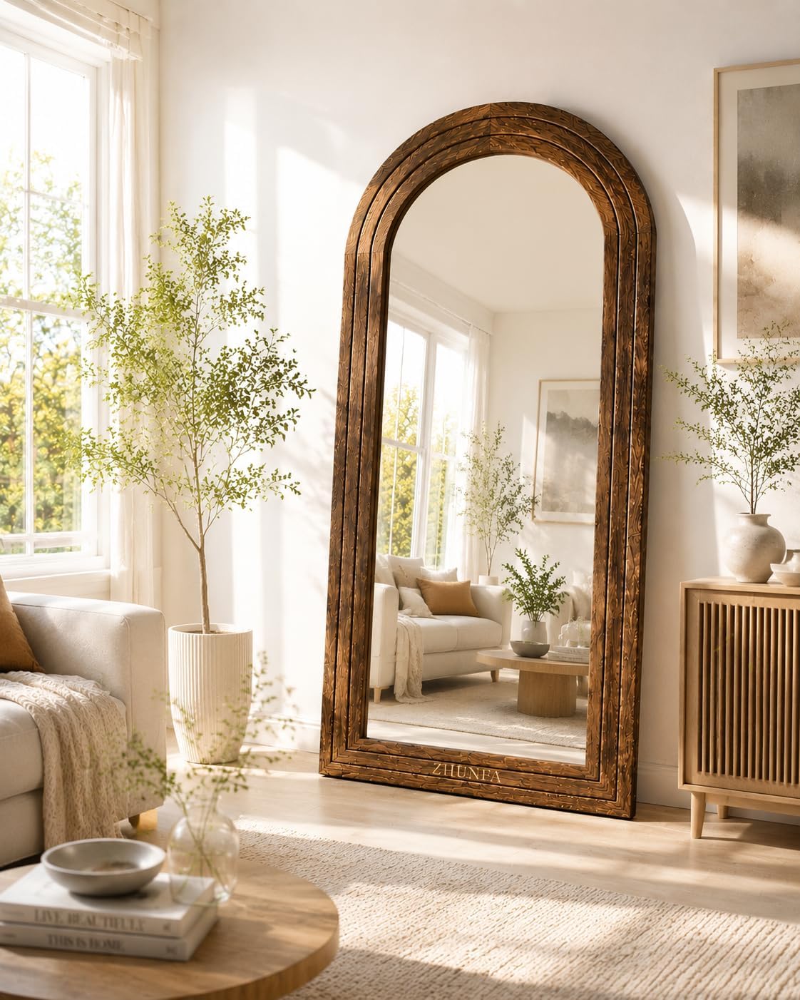 ZHUNFA Arched Full Length Mirror with Solid Wood Frame | 65x22 Farmhouse Wall Mirror Full Length with Stand, Vertical Hanging, Leaning Standing for Bedroom,Living Room, Rustic White