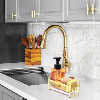 HULISEN Kitchen Sink Sponge Holder, 304 Stainless Steel Kitchen Soap Dispenser Caddy Organizer, Countertop Soap Dish Rack Drainer with Removable Drain Tray, not Including Dispenser and Brush