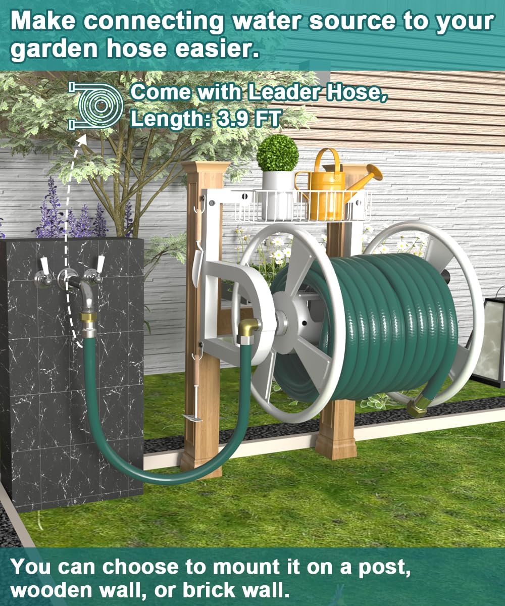 Artigarden Outdoor Wall Mounted Hose Reel with Hook, Garden Heavy-Duty Water Holder Winder with 3.9 ft Leader Hoses, Brass Fitting and Storage Basket for Yard, Holds 125 Ft of 5/8-Inch Hose, Black