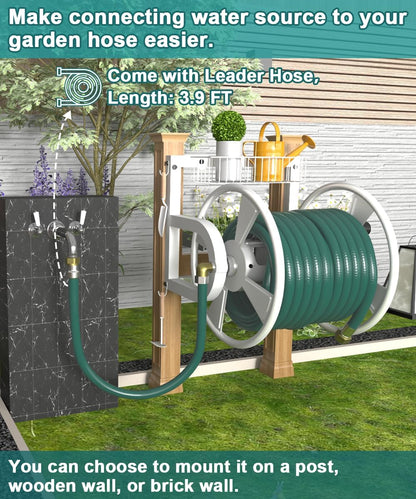 Artigarden Outdoor Wall Mounted Hose Reel with Hook, Garden Heavy-Duty Water Holder Winder with 3.9 ft Leader Hoses, Brass Fitting and Storage Basket for Yard, Holds 125 Ft of 5/8-Inch Hose, Black