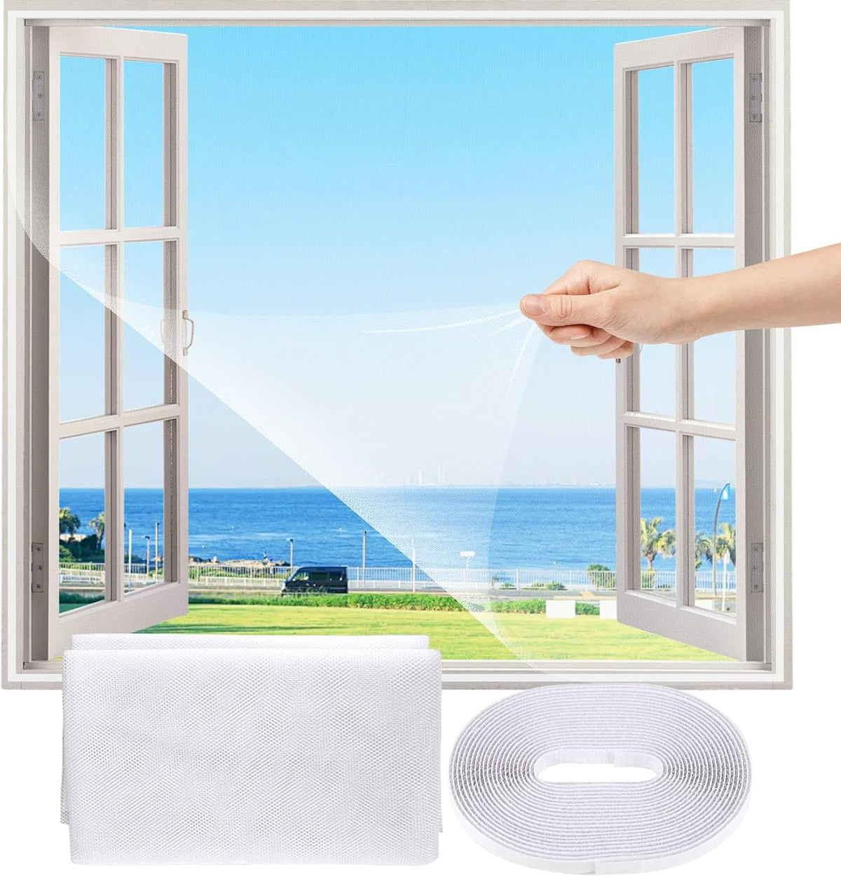 Flyzzz DIY Self-Adhesive Window Screen Netting Mesh Curtain, 100X150cm (Approach 39.37x59.05 Inches), with Hook and Sticky Tape, Fitted to Multiple Windows (White)