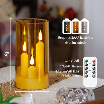 3 in 1 Flameless Taper Short Candles with 10 Key Remote Control and Timer, Battery Operated Pack of 2 LED Acrylic 3" x6" Grey Pillar Flickering Warm Light