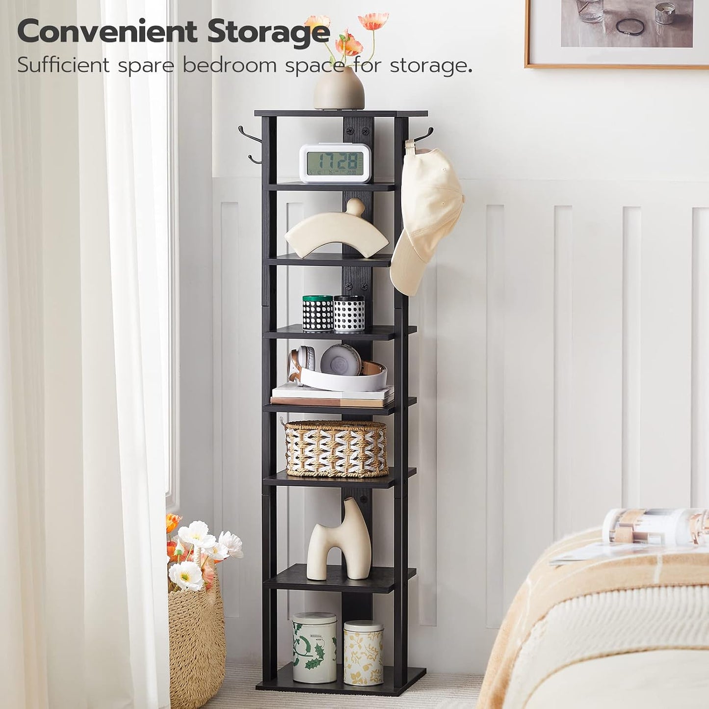 HOOBRO 8 Tiers Vertical Shoe Rack, Wooden Shoe Storage Organizer with Hooks, Narrow Shoe Tower for 8 Pairs, Space Saving, for Entryway, Living Room, Bedroom, Rustic Brown BF07XJ01G1