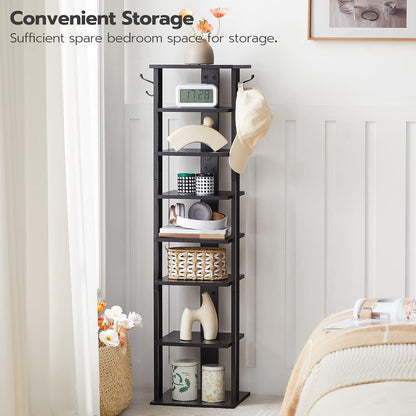 HOOBRO 8 Tiers Vertical Shoe Rack, Wooden Shoe Storage Organizer with Hooks, Narrow Shoe Tower for 8 Pairs, Space Saving, for Entryway, Living Room, Bedroom, Rustic Brown BF07XJ01G1