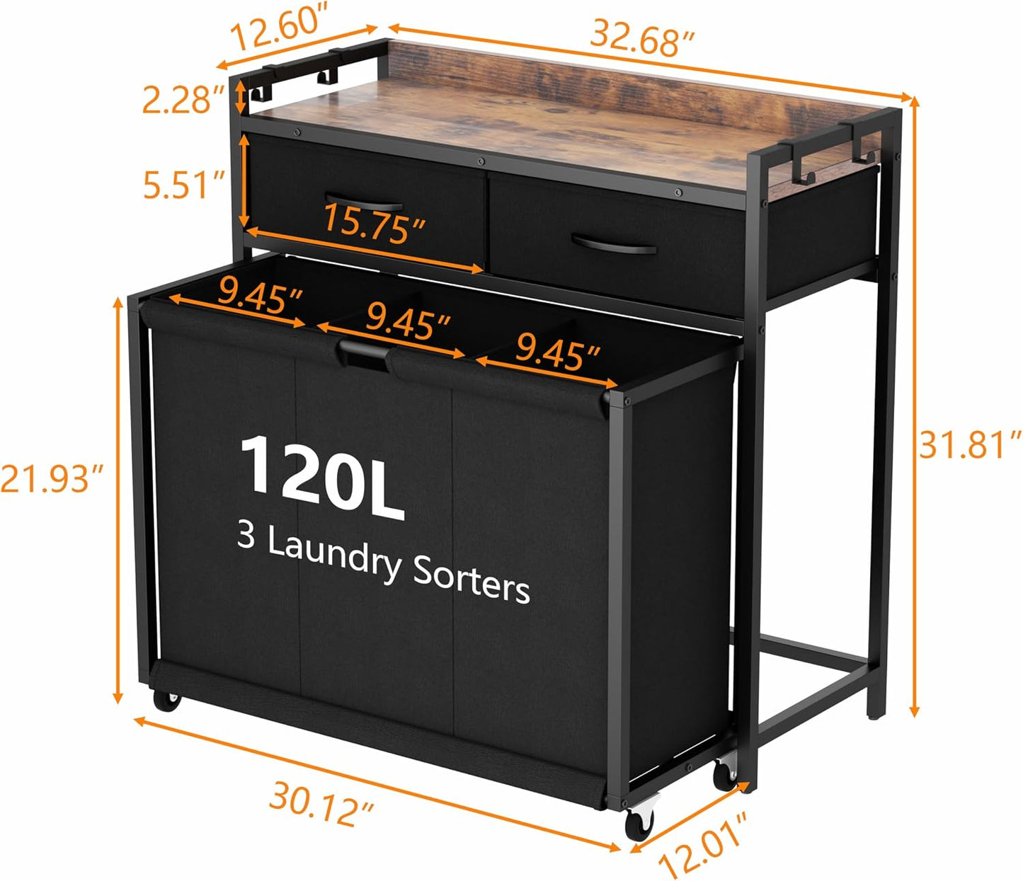 STIKELY Laundry Hamper Laundry Basket with 3 Section Pull-Out Rolling Bags, Laundry Sorter for Organization and Storage with 2 Pull-Out Drawers for Laundry Room, Bathroom, Bedroom Use (Rustic Brown)
