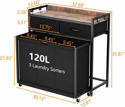 STIKELY Laundry Hamper Laundry Basket with 3 Section Pull-Out Rolling Bags, Laundry Sorter for Organization and Storage with 2 Pull-Out Drawers for Laundry Room, Bathroom, Bedroom Use (Rustic Brown)