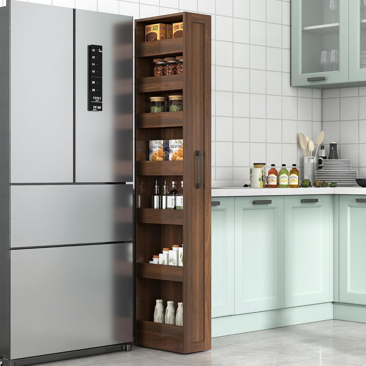 68'' Tall Narrow Storage Cabinet with Handle & Wheels, 7 Tier Pull-Out Kitchen Pantry Cart, Rolling Slim Freestanding Organizers Shelf Spice Rack for Small Spaces (White-Wheels, 7 Tier)