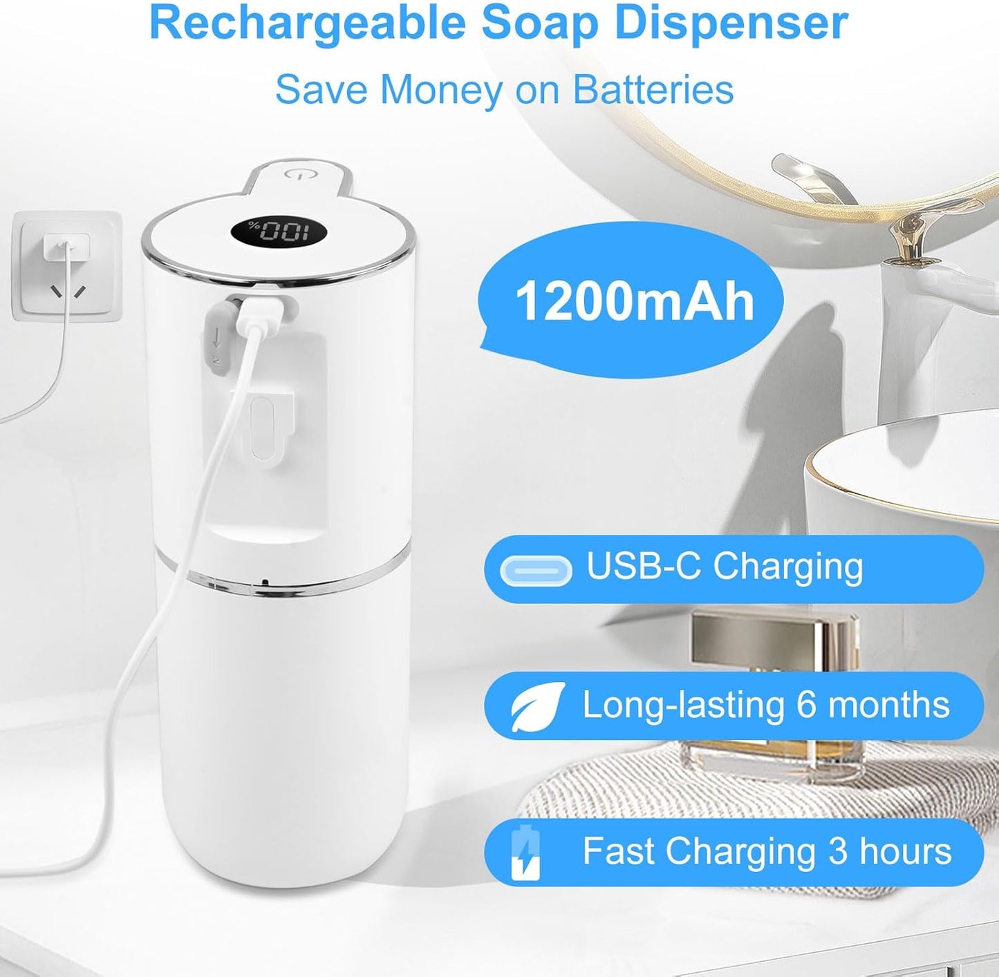 Automatic Soap Dispenser,6-Level Foaming Hand Soap Dispenser,Touchless Dish Soap Dispenser for Kitchen Bathroom,Ipx5 Waterproof,1200mah Rechargeable,12.8oz/380ml,Wall Mount & Countertop