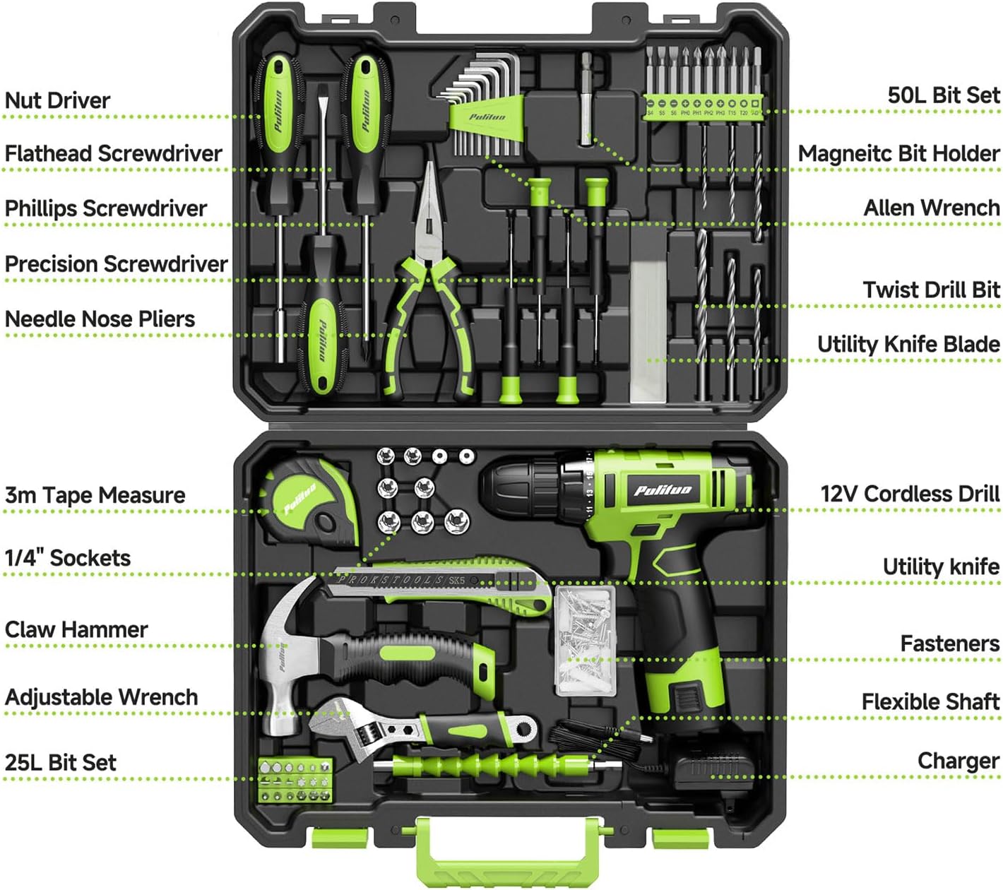 PULITUO Drill Set, 149-Piece Home Tool Set with 12V Pink Cordless Drill, Tool Box, Hand Tool Kits for Women & Men and DIY Enthusiasts, for Home Improvement