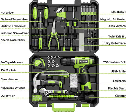 PULITUO Drill Set, 149-Piece Home Tool Set with 12V Pink Cordless Drill, Tool Box, Hand Tool Kits for Women & Men and DIY Enthusiasts, for Home Improvement