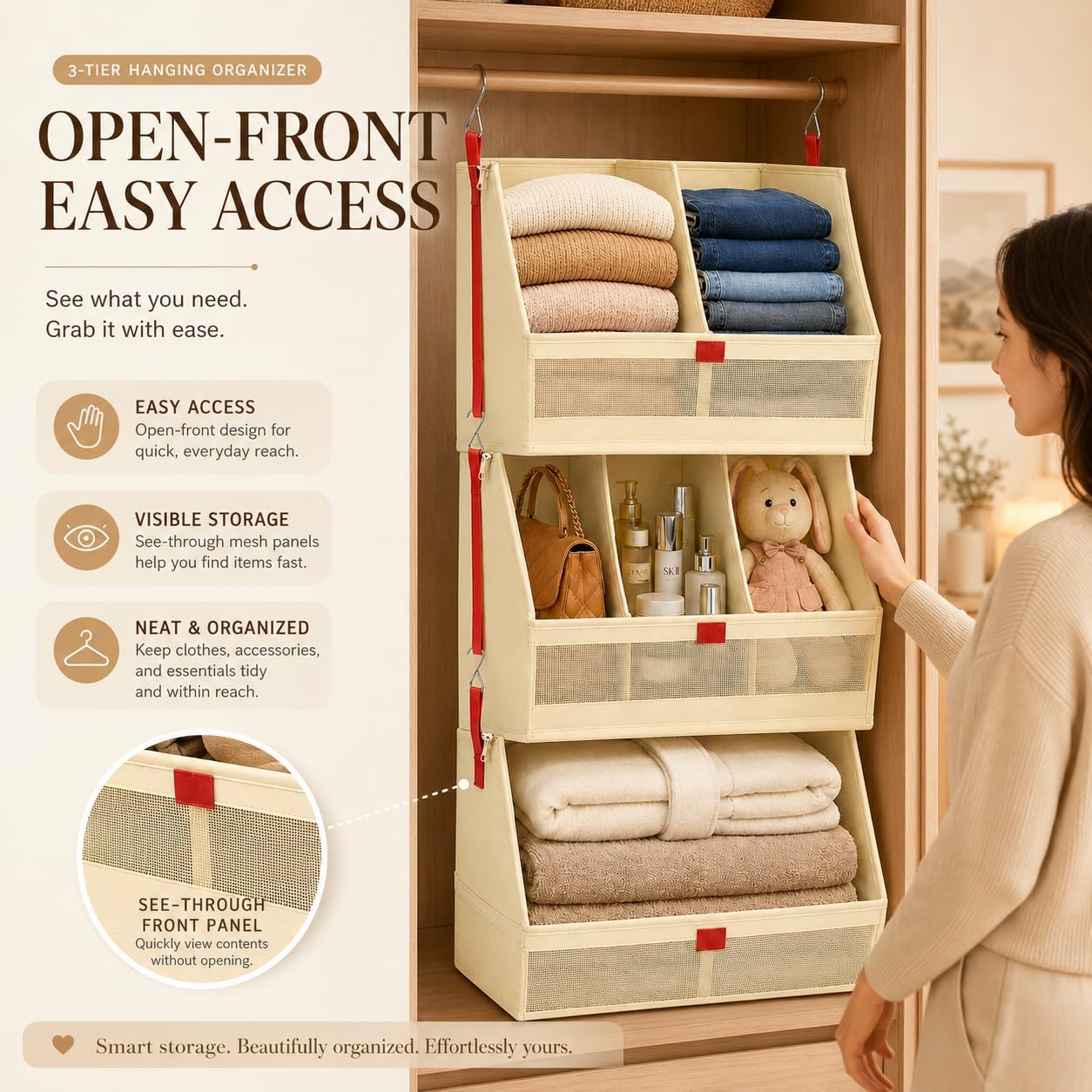 Fabric 4 Tier Hanging Closet Organizers Heavy Duty Shelf Hanging Storage Towel Clothes Sweater Jeans Bag Organizer For Closet For Bedroom,Dorm,RV,See Through Front Panel, Space-Saving (Beige-4Tier)