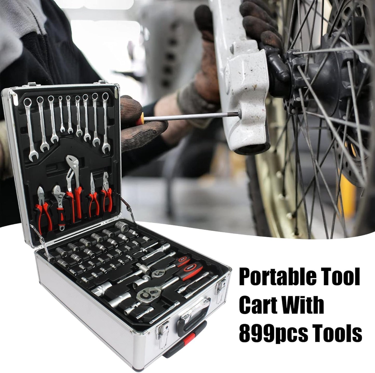 899PCS Tool Set, Household Tool Kit with Rolling Tool Box, Complete Tool Box Set Hand Tool Set with Tool Box, Mechanic Tool Set Rolling Tool Set for Auto Repair/Home Tool Set (Black)