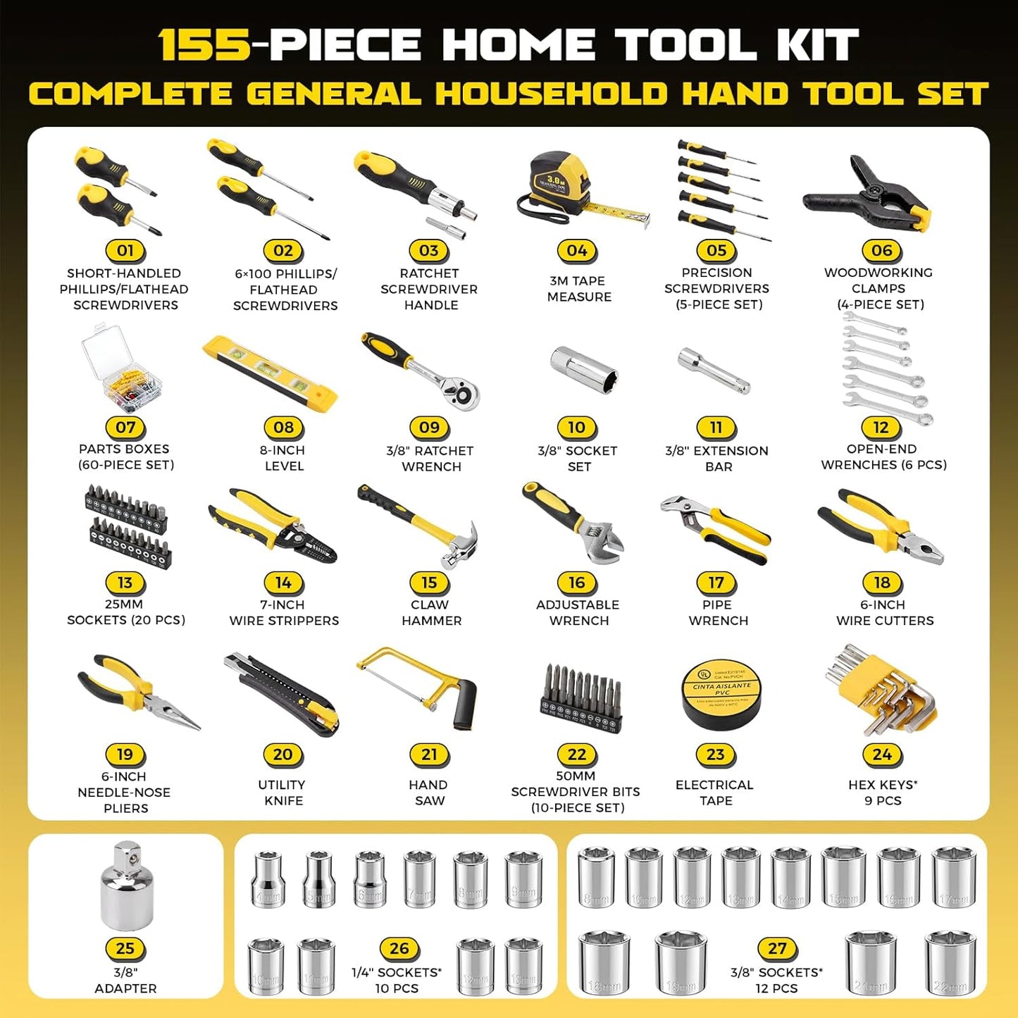 KELIN 155-Piece Household Hand Tool Set with Toolbox, Portable Home Repair Tool Kit for Garage, Car, DIY – Includes Ratcheting Screwdriver, Sockets, Pliers, Hammer, Level, Tape Measure & More